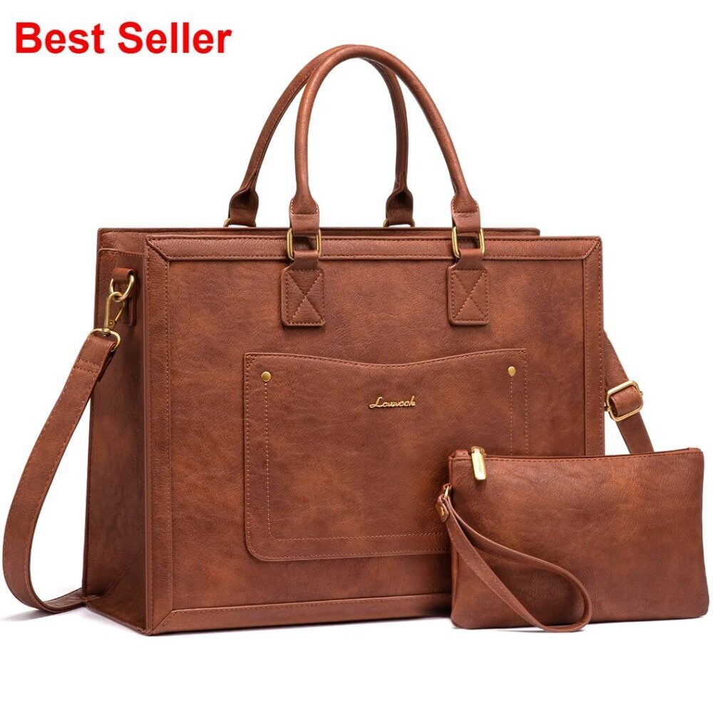 17.3 Inch Laptop Tote Bag, PU Leather, Waterproof Work Bag with Clutch